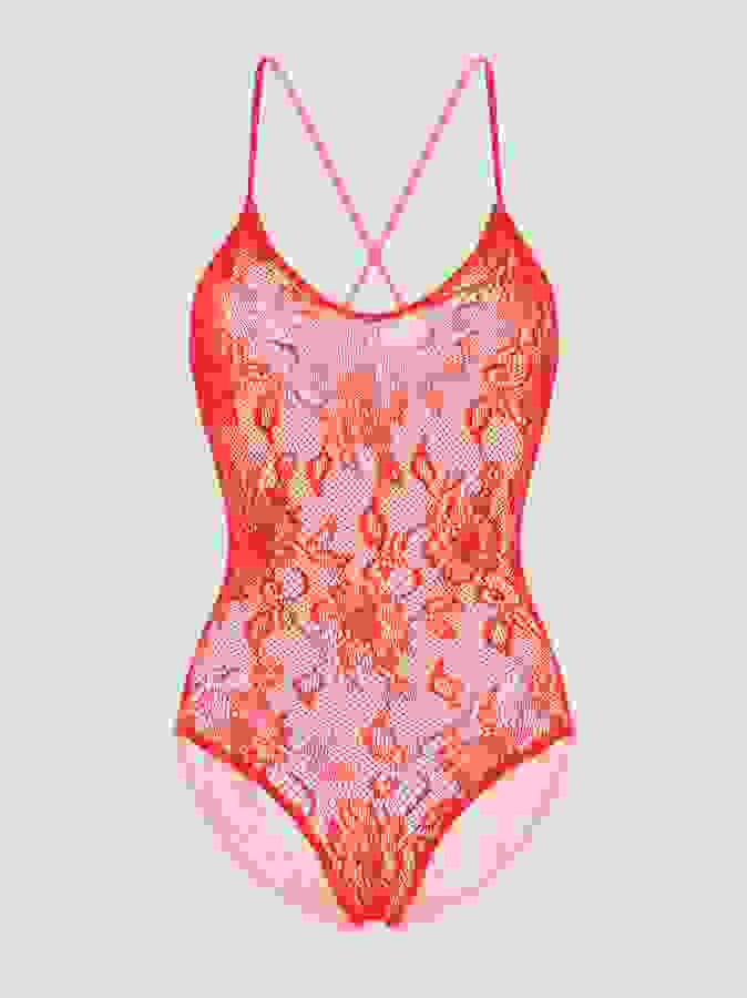 Lovehoney Red Crotchless Lace Spaghetti Strap Teddy, Red, hi-res